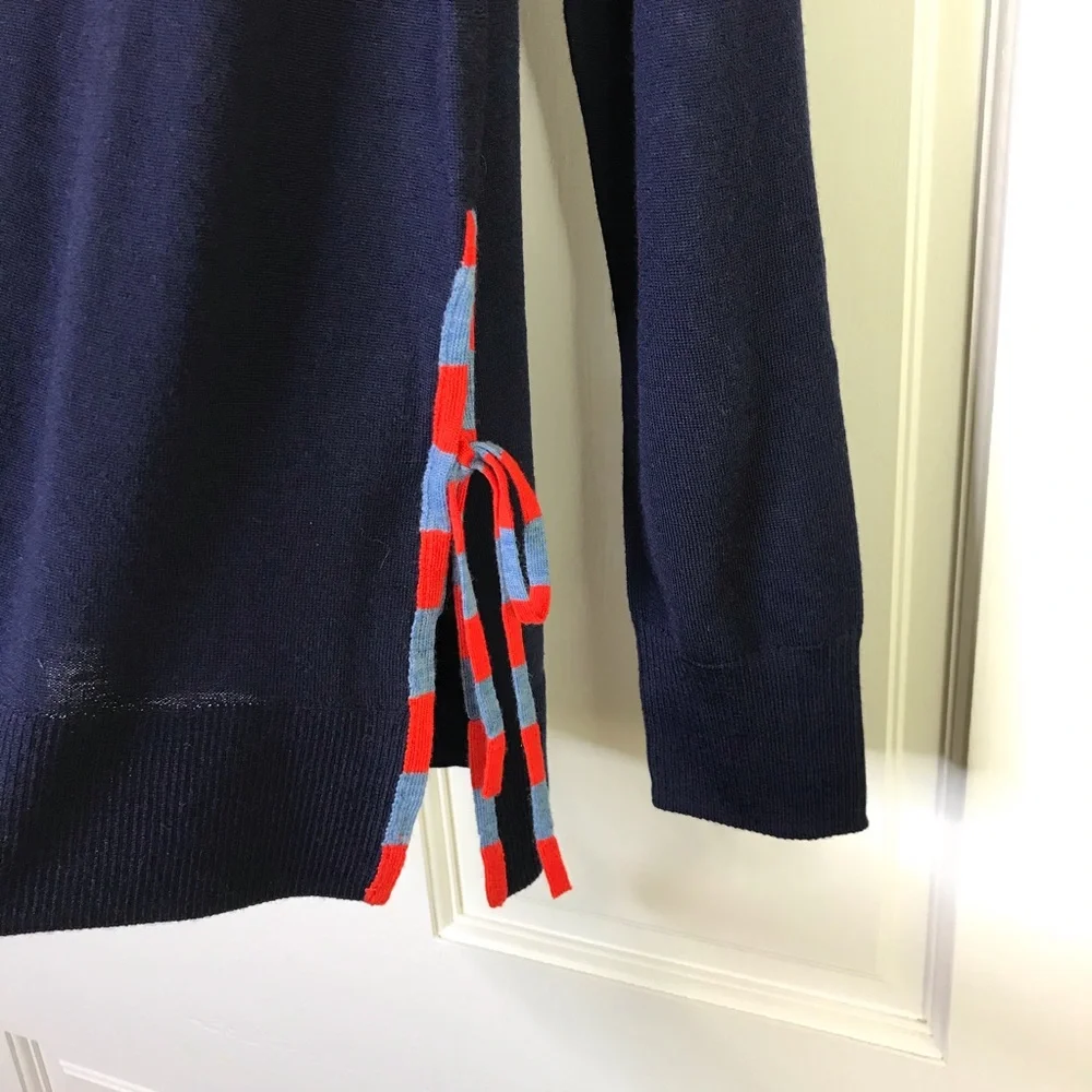 J. CREW Merino Wool Navy Sweater Side Slit Ties Size M